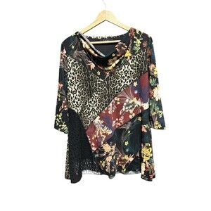 Caleesa Top Mixed Print Art to Wear Size Large Womens Blouse 3/4 Sleeves Cowl